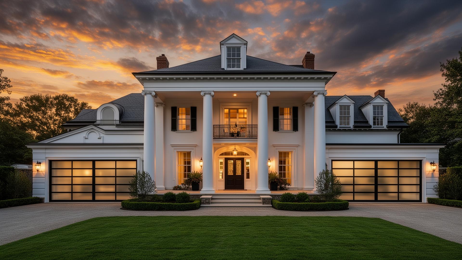 Luxury Georgian mansion with modern glass and aluminum garage doors at dusk